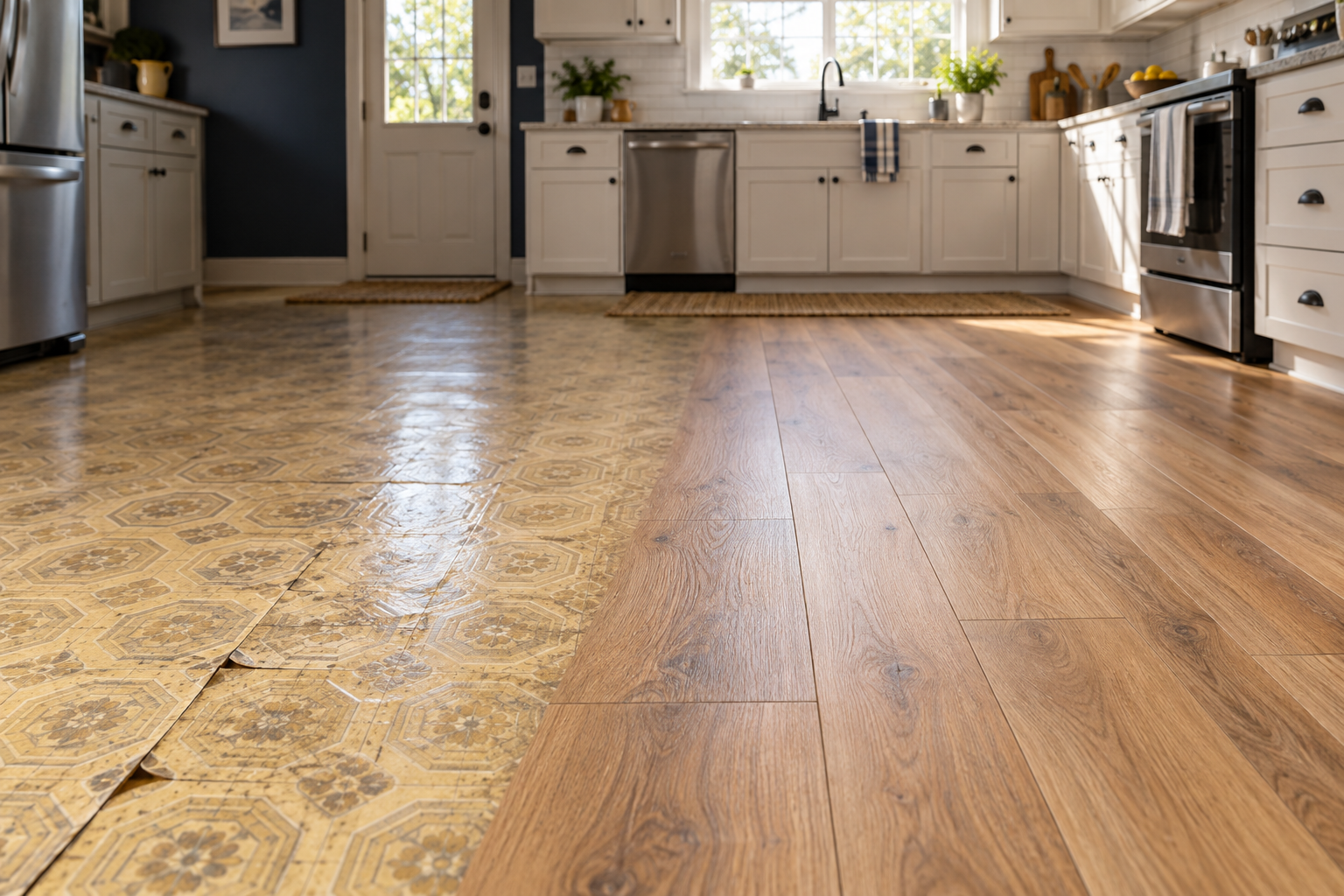 A dated kitchen floor transforming into warm oak flooring